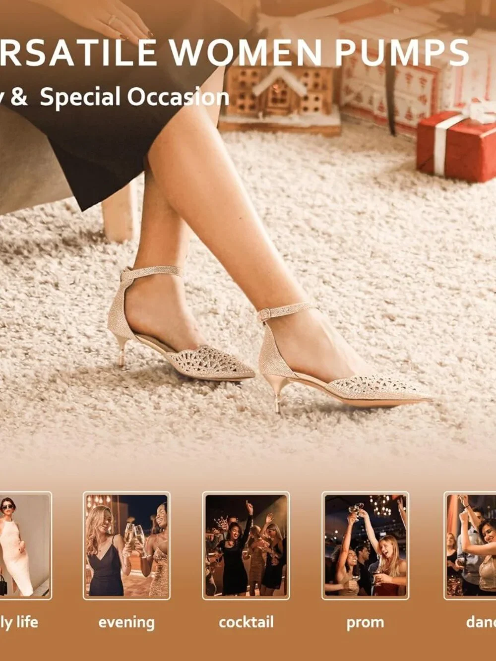 Women's Gold Rhinestones Low Kitten Heels Pumps Evening Dress Shoes
